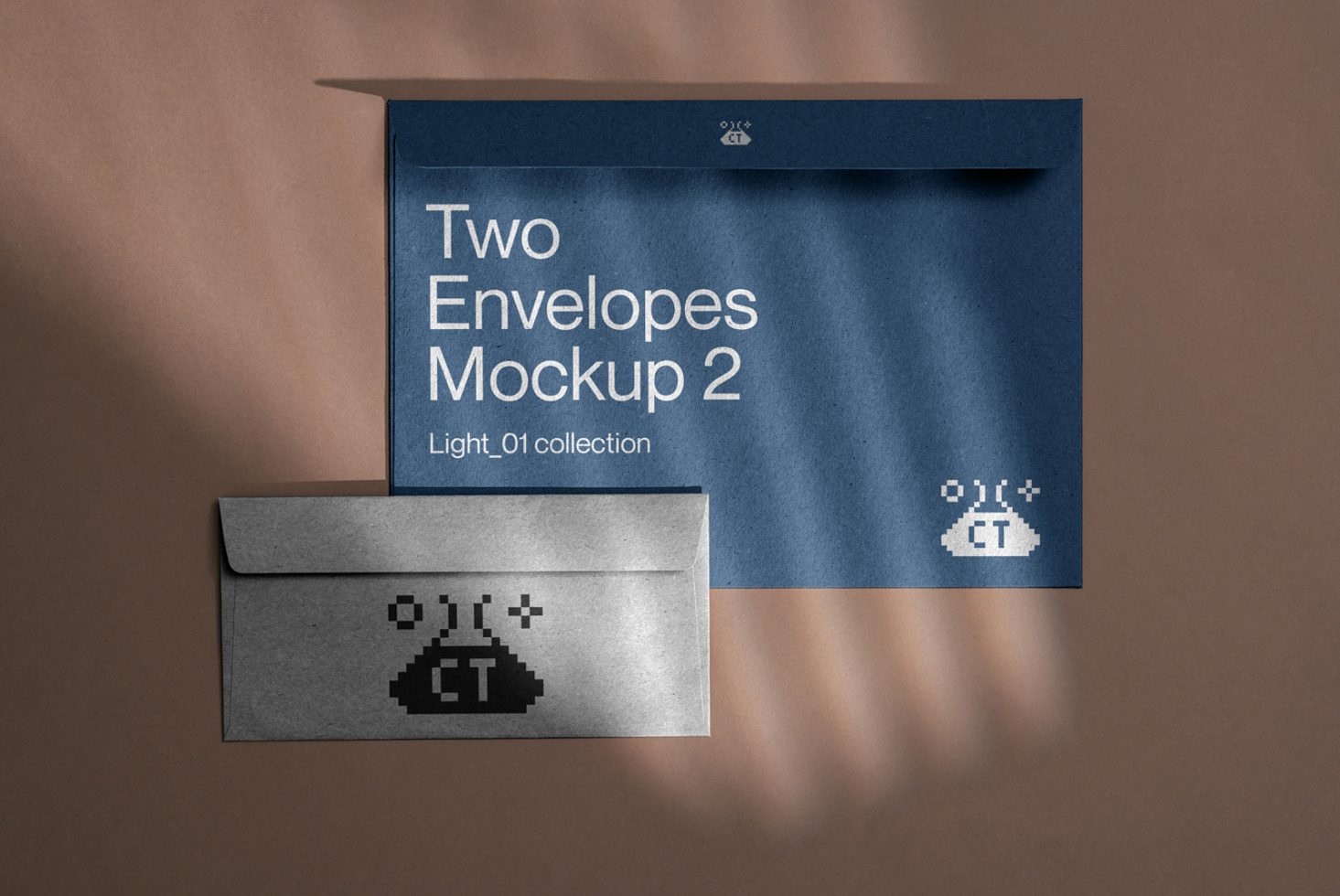 Professional envelope mockup design with two contrasting color envelopes on a brown background for presenting branding designs and stationery layouts.